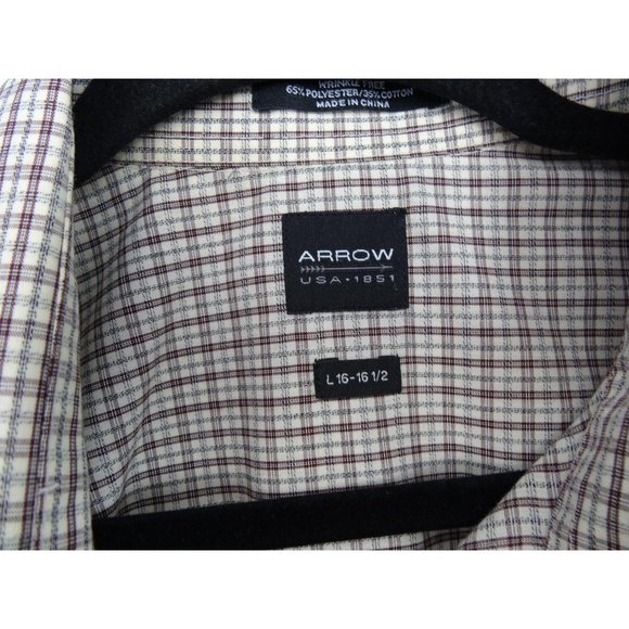 Men's Arrow Dress Shirt Size L 16 1/2 32-33 Brown Plaid Long Sleeve - Picture 6 of 13